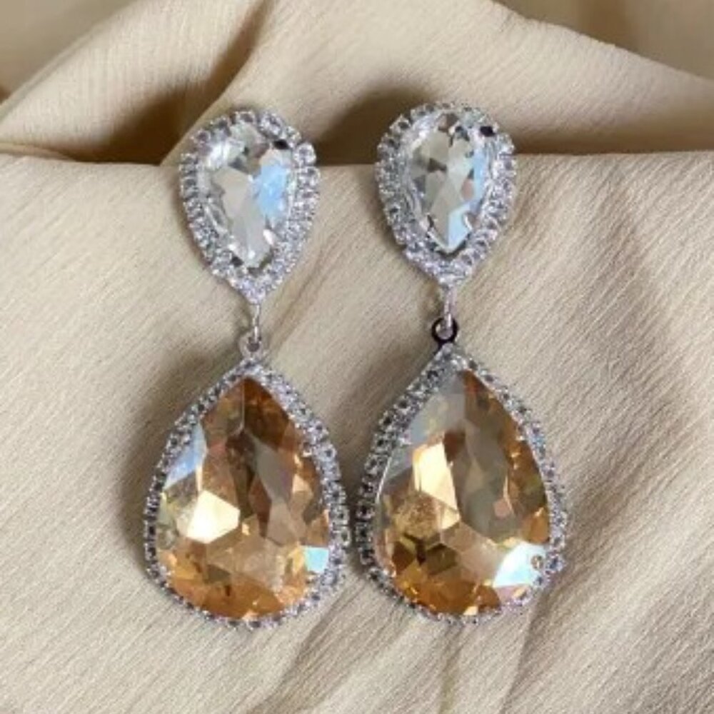 New Womens Champagne & Silver Drop Earrings